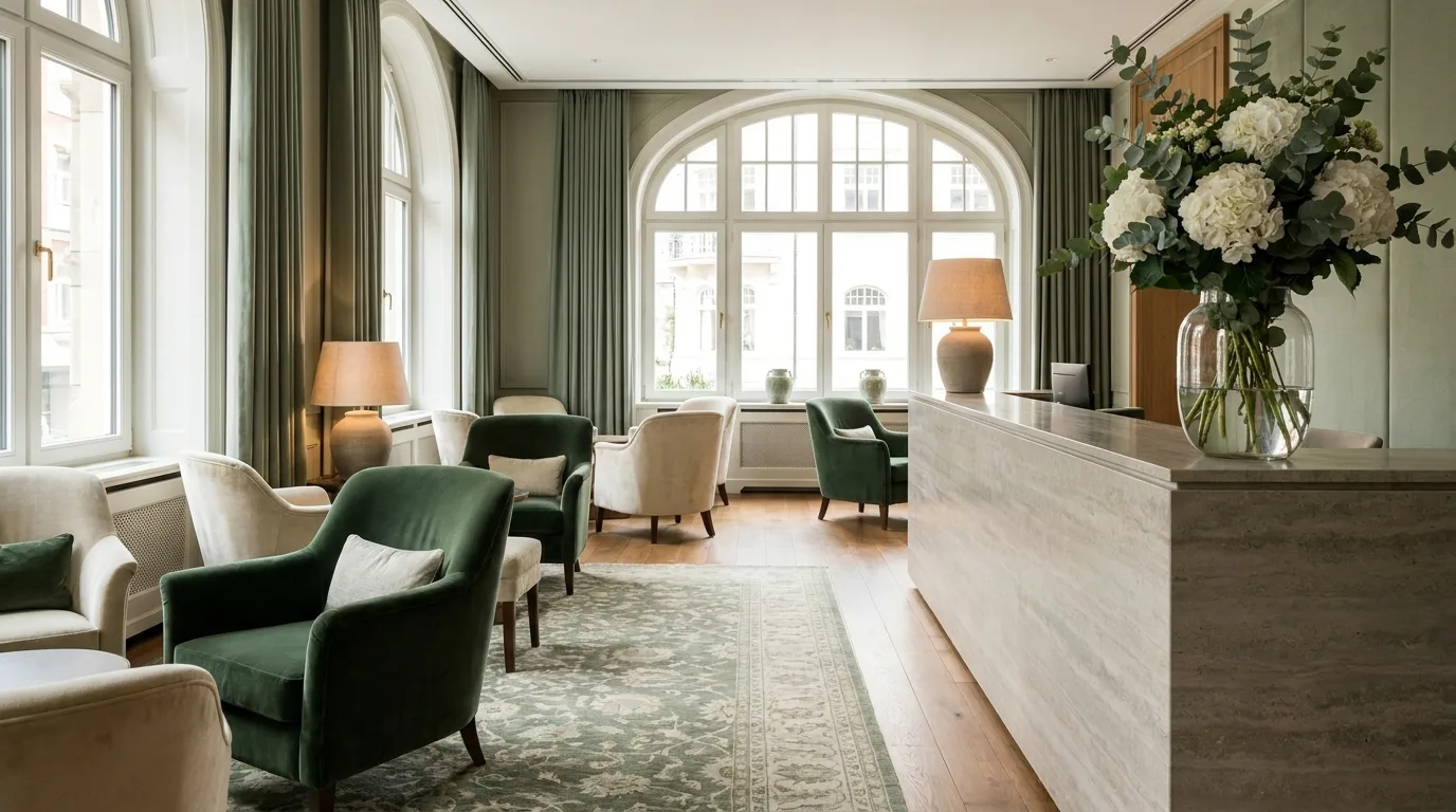 Elegant reception lounge with warm hospitality lighting