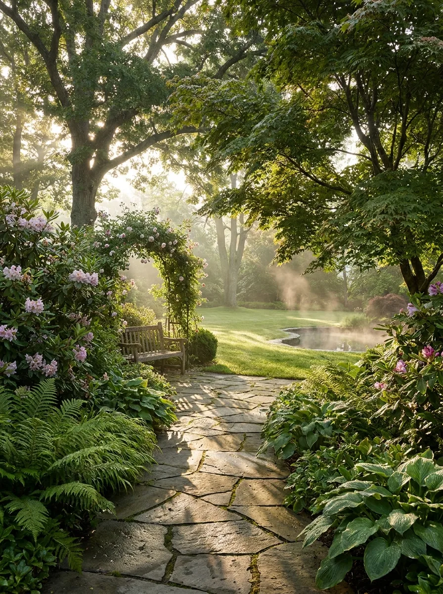 Landscaped garden walkway with morning light through trees